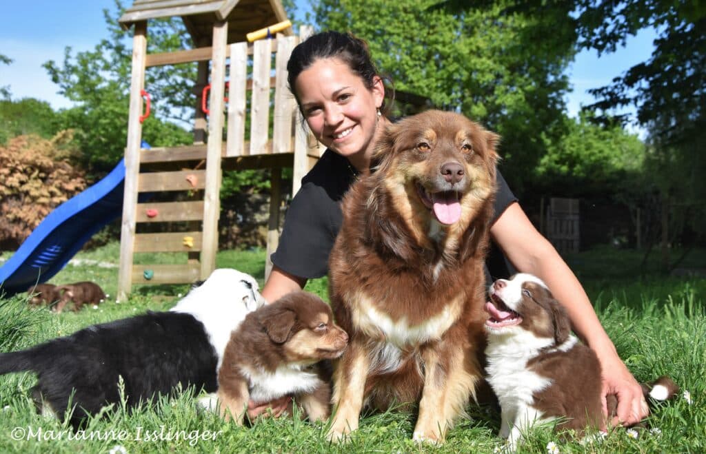 Femme souriante avec un chien berger australien brun et quatre chiots, assis dans l'herbe devant une aire de jeux. Texte : ©Marianne Isslinger
